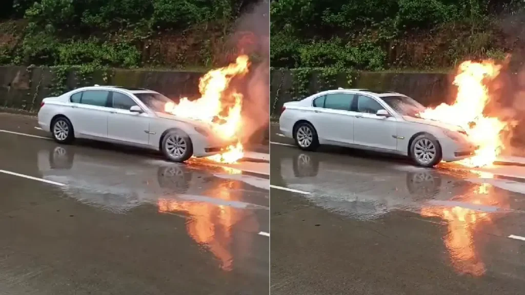 ರಾಷ್ಟ್ರೀಯ ಹೆದ್ದಾರಿಯಲ್ಲಿ ಹೊತ್ತಿ ಉರಿದ ಐಷಾರಾಮಿ BMW; ನಾಲ್ವರು ಪ್ರಯಾಣಿಕರು ಸುರಕ್ಷಿತ